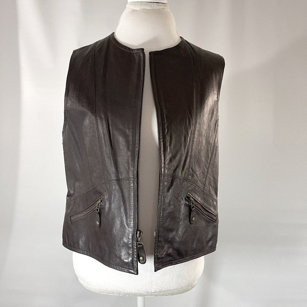 Emanuel Ungaro Leather Vest Zip Front Brown w Pockets Deadstock Vintage Designer